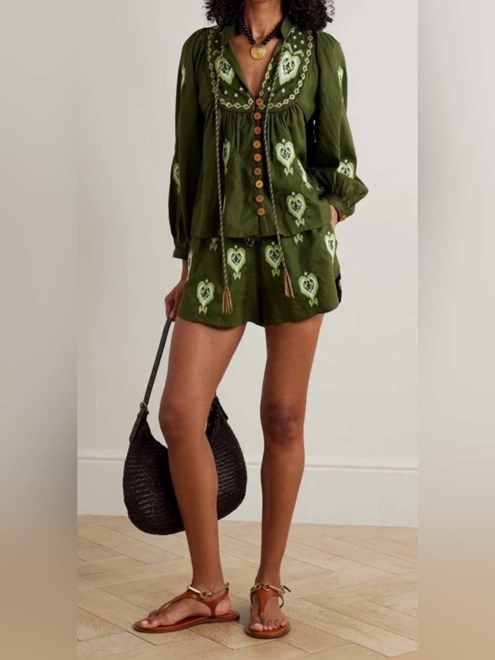 FARM Rio Green Heart Tapestry Embroidered linen-blend top and short set
